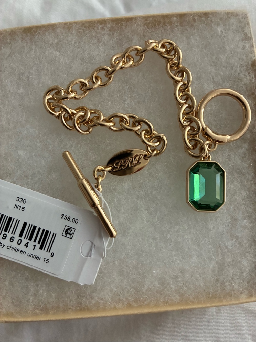 Ralph Lauren Lauren Gold Chain Bracelet with Emerald Green Crystal Charm - Picture 2 of 8